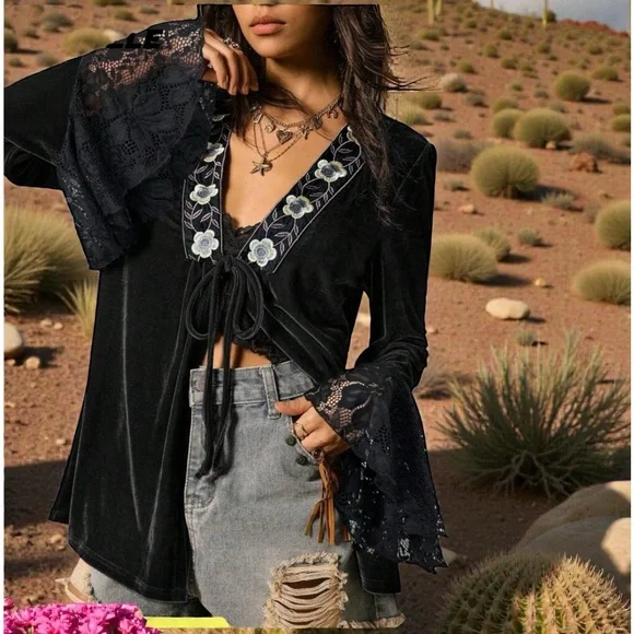 NWT Black Velvet Lace Bell Sleeve Top - Picture 2 of 8